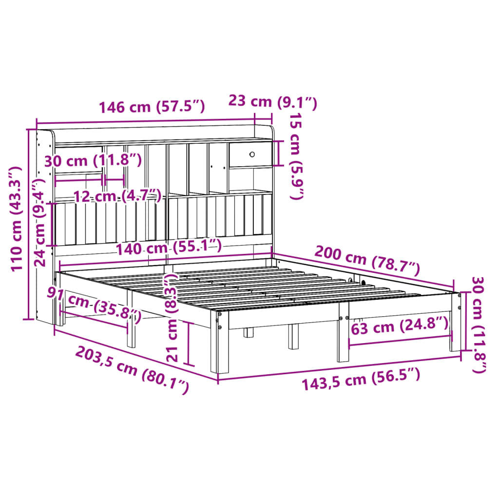 Letto Libreria senza Materasso 140x200 cm in Legno di Pino | homemem39