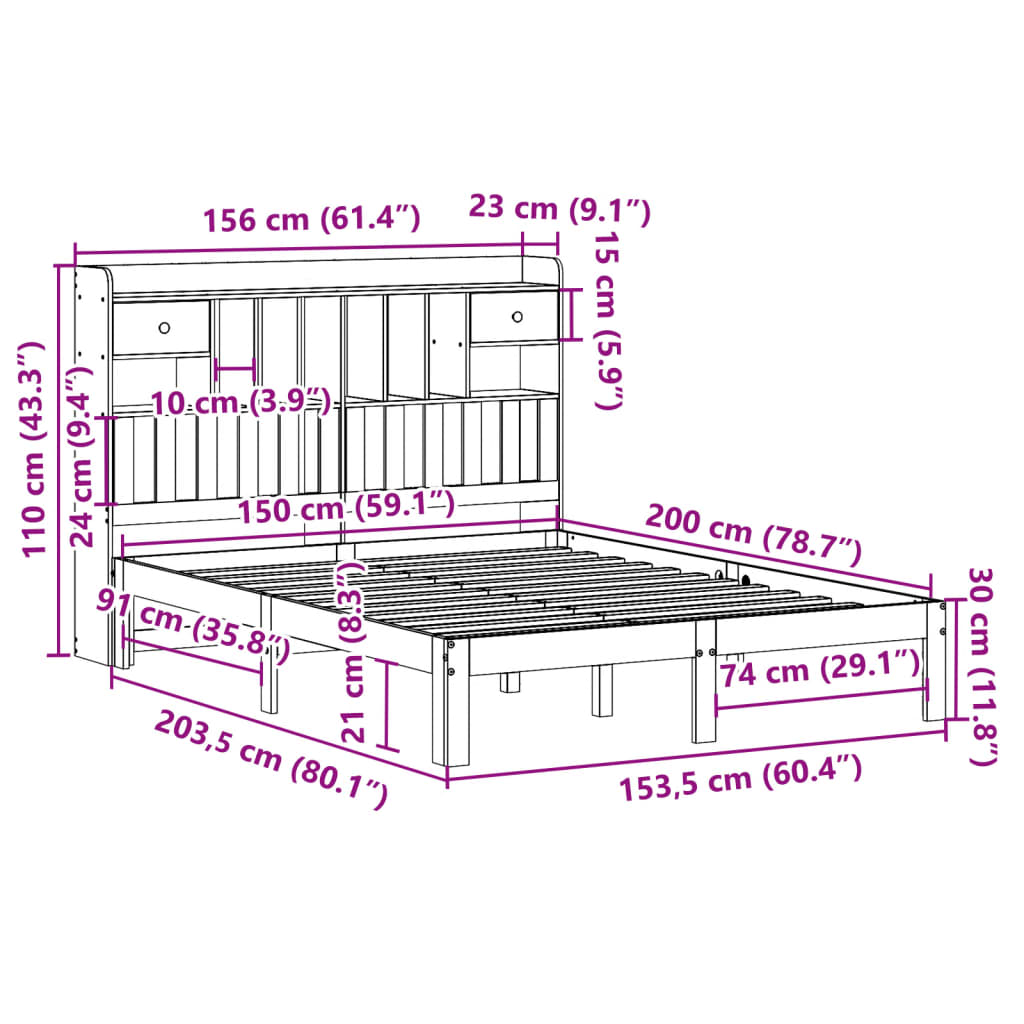 Letto Libreria senza Materasso Bianco 150x200 cm Legno di Pino | homemem39