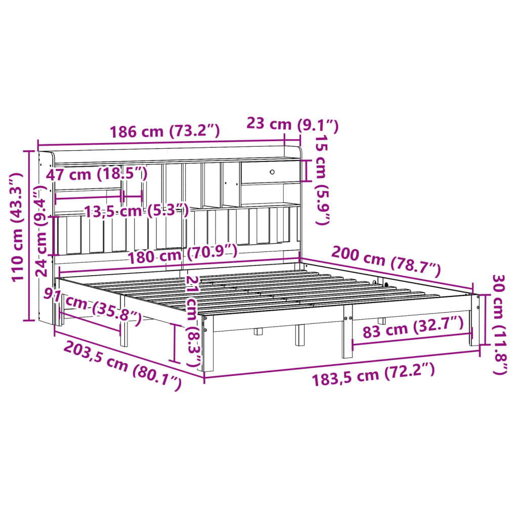 Giroletto con Libreria senza Materasso 180x200 cm in Legno Pino | homemem39