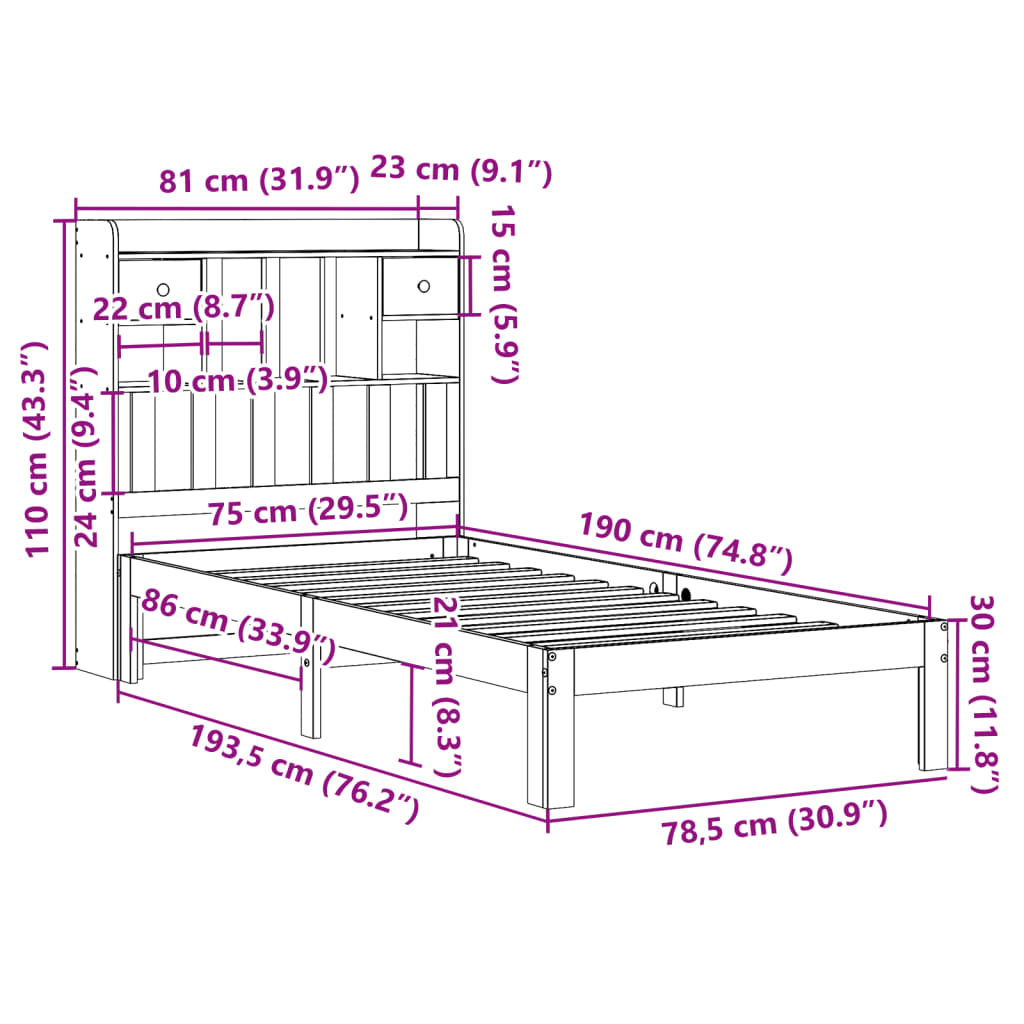 Letto Libreria senza Materasso Marrone Cera 75x190 cm in Pino | homemem39