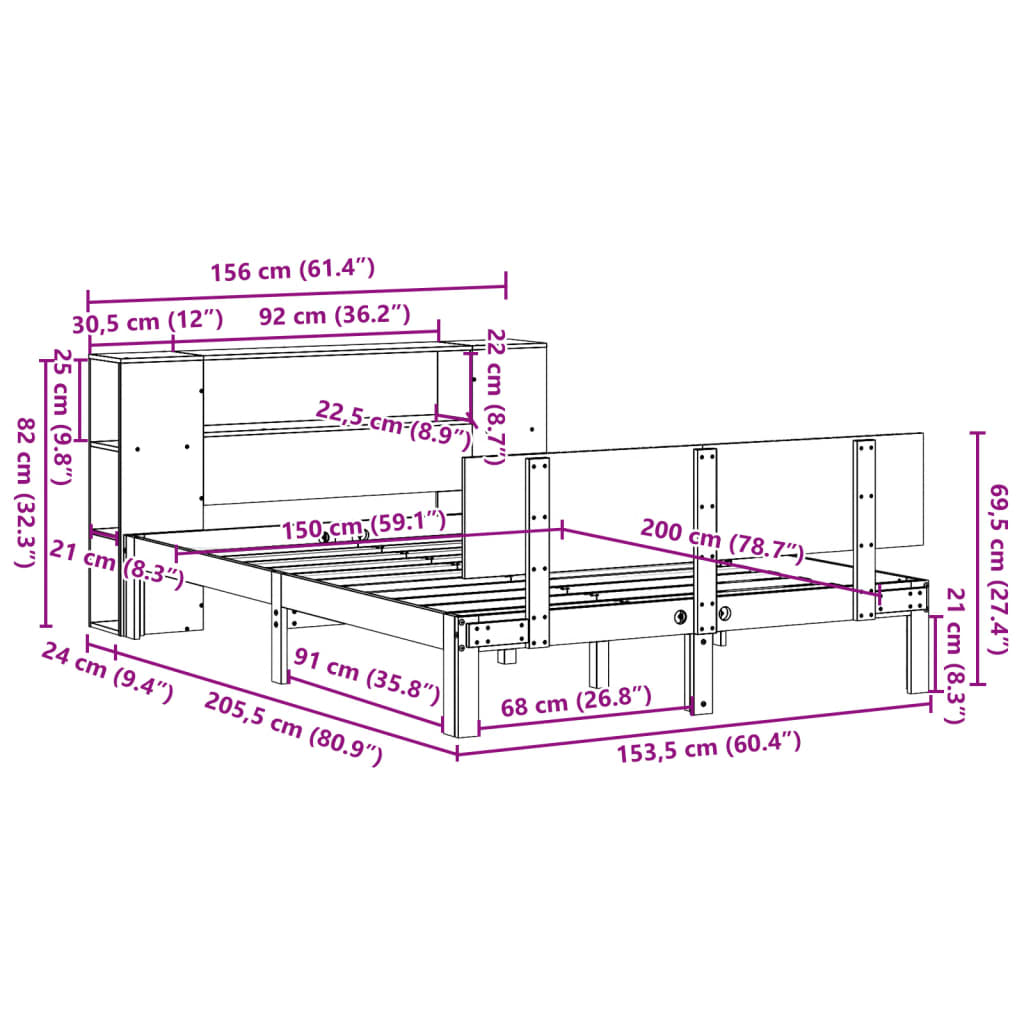 Letto Libreria senza Materasso Bianco 150x200 cm Legno di Pino | homemem39