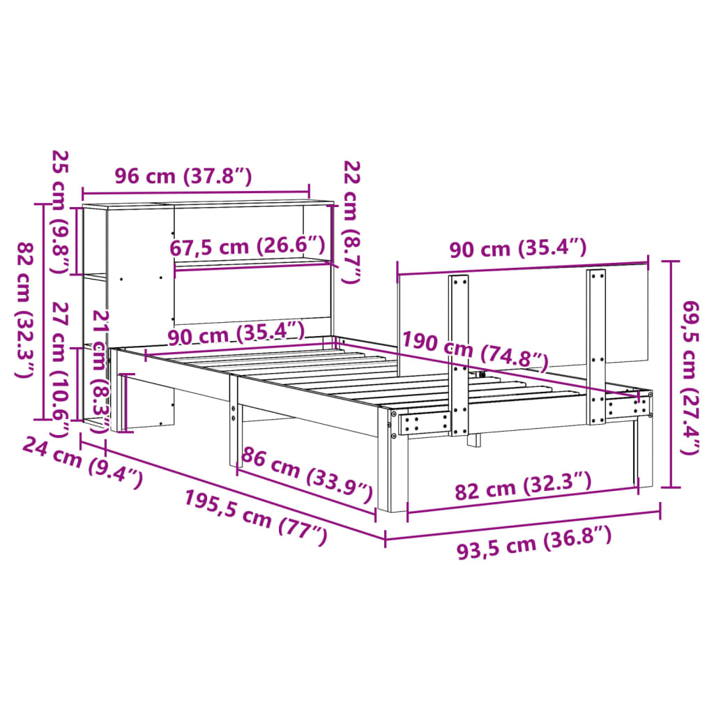 Letto Libreria senza Materasso Bianco 90x190 cm Massello Pino