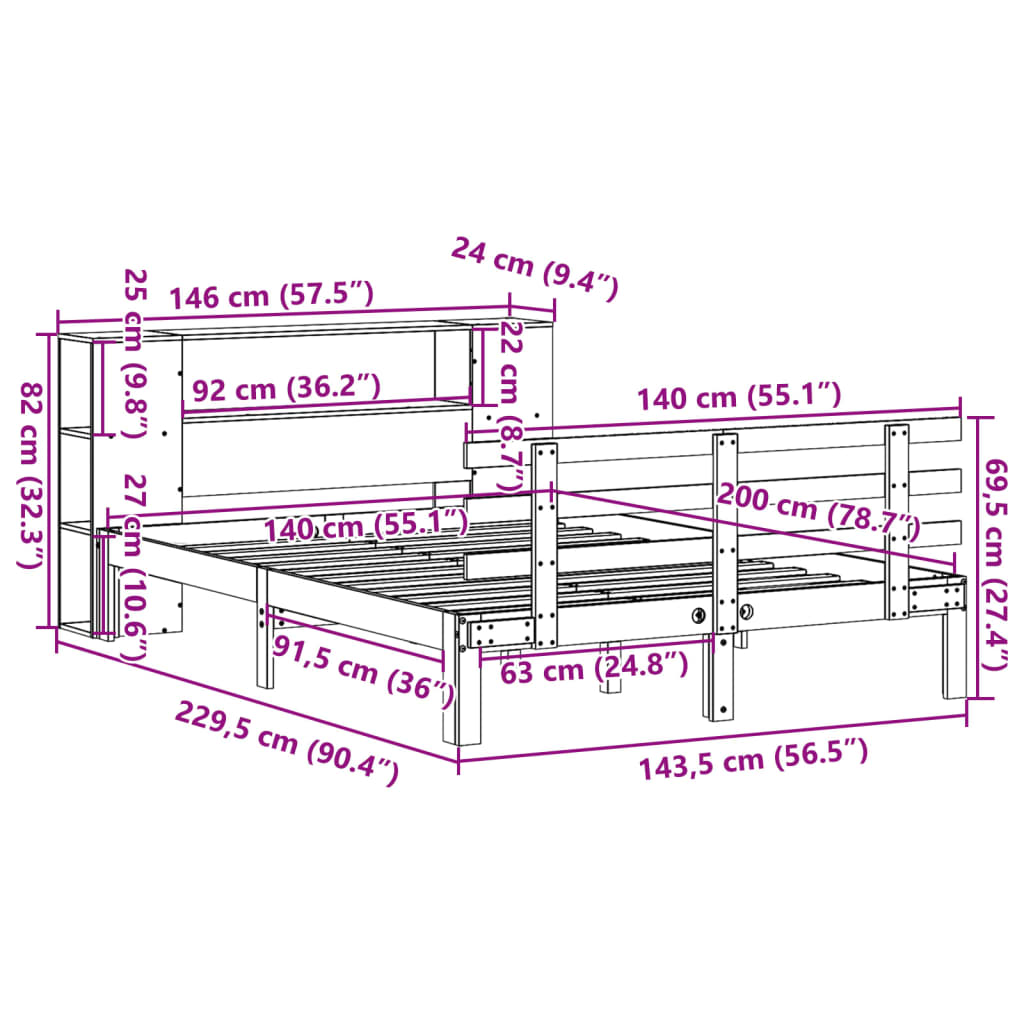 Letto Libreria senza Materasso Bianco 140x200 cm Legno di Pino | homemem39