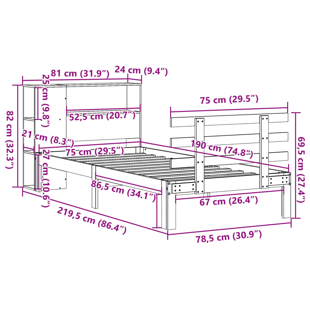 Letto con Libreria senza Materasso 75x190 cm in Legno Pino | homemem39