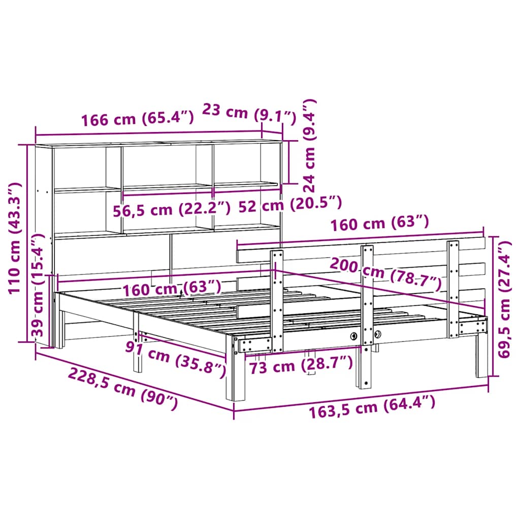 Letto Libreria senza Materasso Bianco 160x200 cm Legno di Pino | homemem39