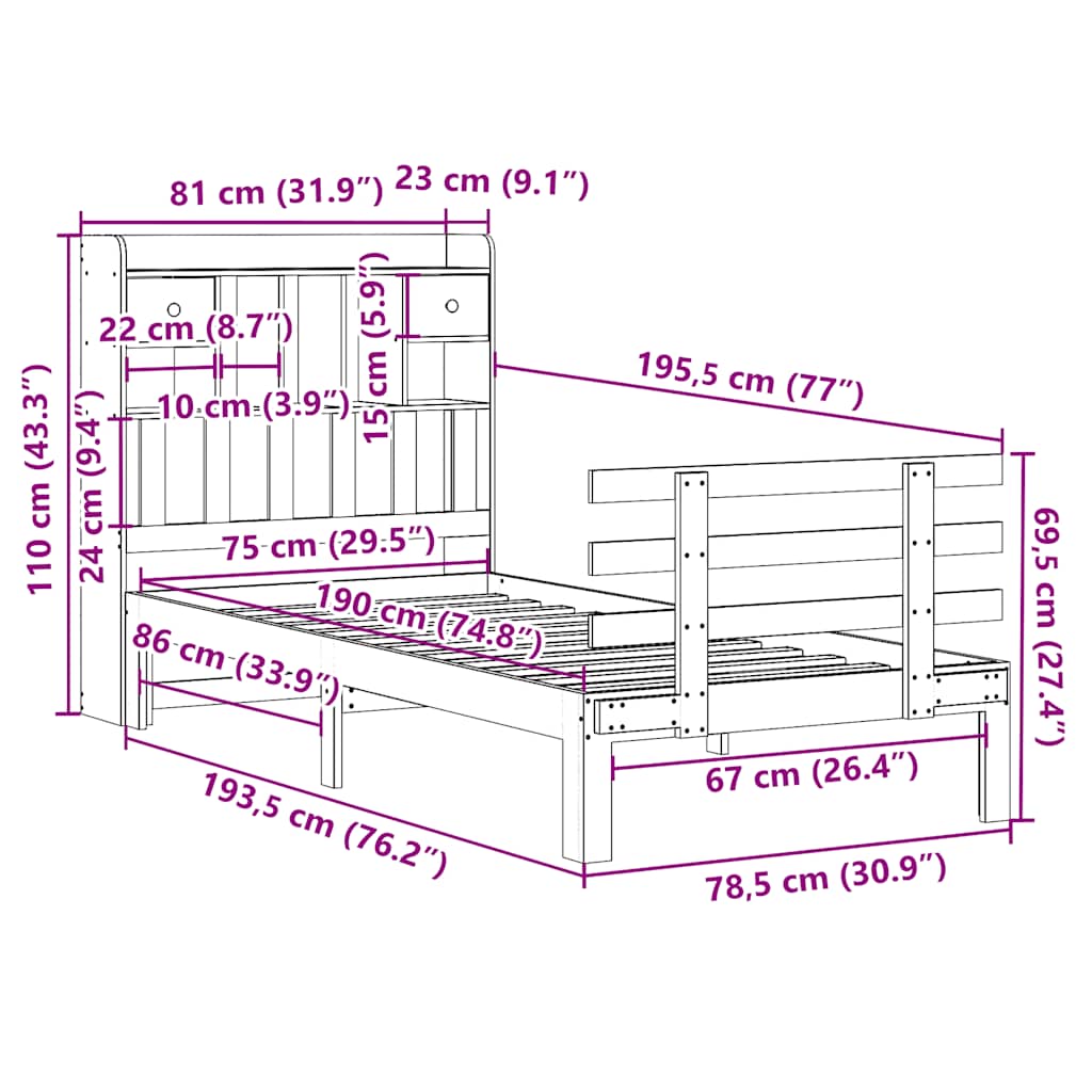Letto con Libreria senza Materasso 75x190 cm in Legno Pino | homemem39