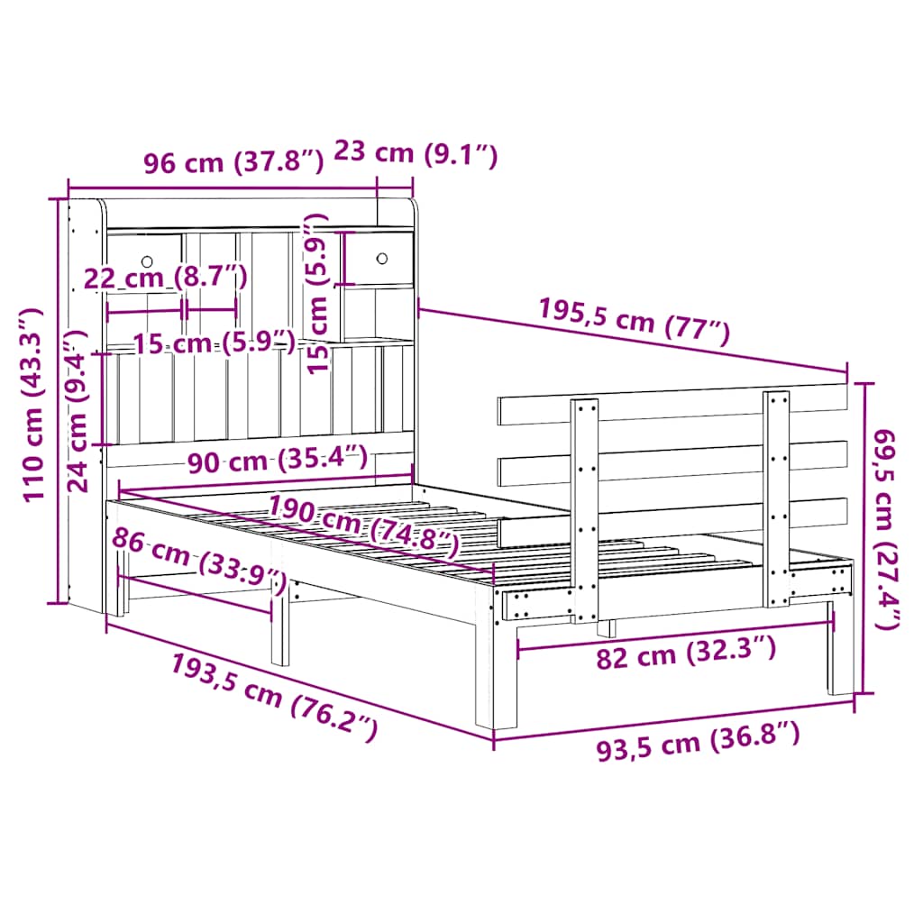 Letto Libreria senza Materasso 90x190 cm Legno Massello Pino | homemem39