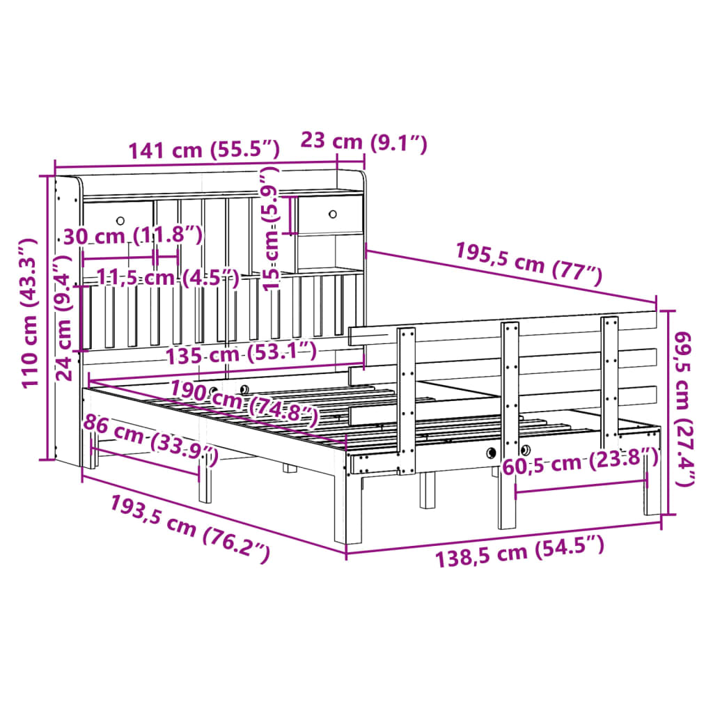 Letto Libreria senza Materasso Bianco 135x190 cm Legno di Pino | homemem39