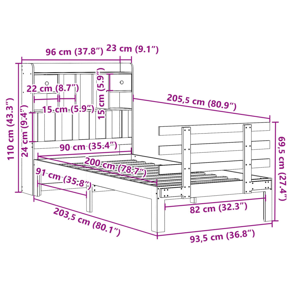 Letto Libreria senza Materasso 90x200 cm Legno Massello Pino | homemem39