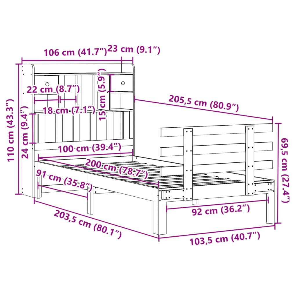 Letto Libreria senza Materasso 100x200 cm in Legno di Pino | homemem39
