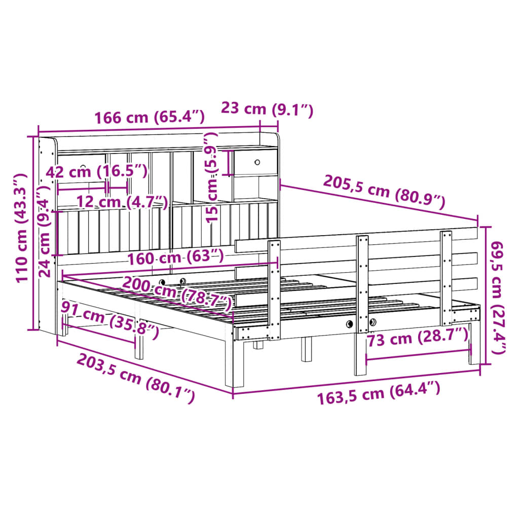 Letto Libreria senza Materasso Bianco 160x200 cm Legno di Pino | homemem39