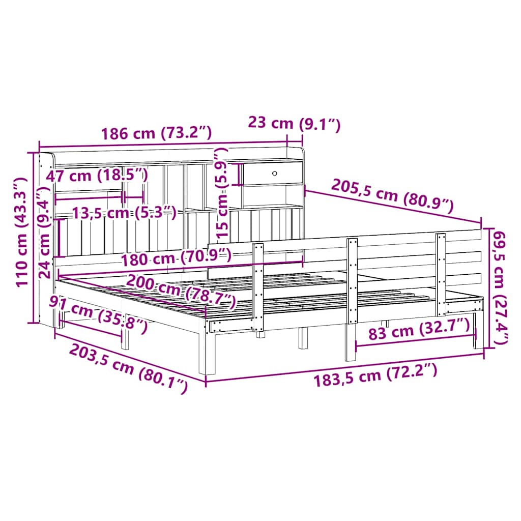 Letto Libreria senza Materasso 180x200 cm in Legno di Pino | homemem39