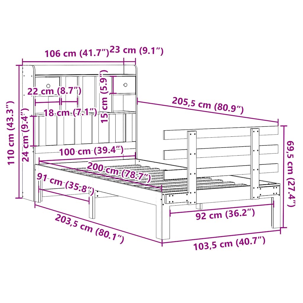 Letto Libreria senza Materasso Marrone Cera 100x200 cm in Pino | homemem39