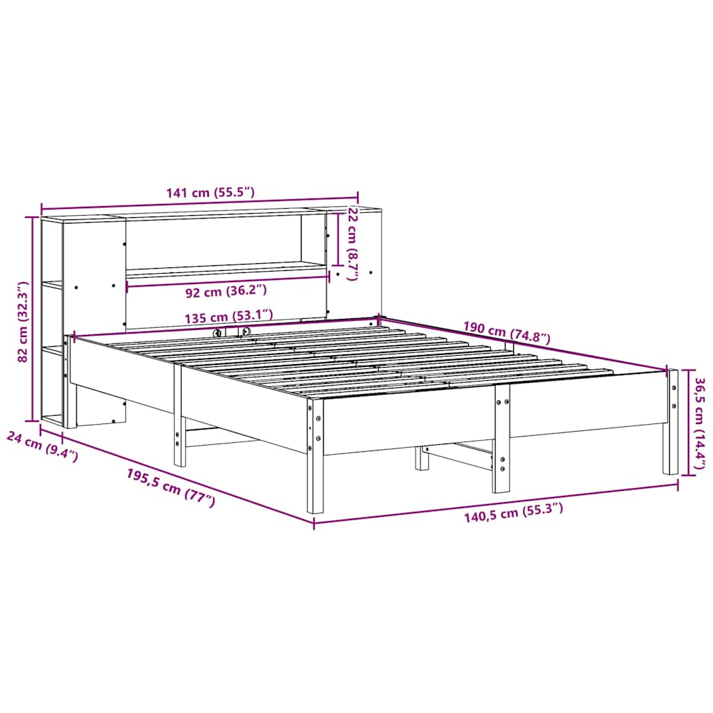 Letto Libreria senza Materasso Bianco 135x190 cm Legno di Pino | homemem39