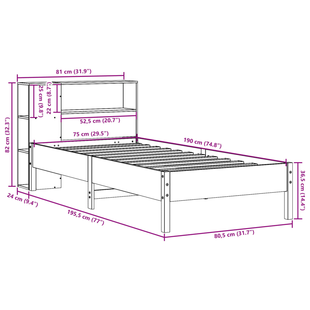 Giroletto con Libreria senza Materasso 75x190 cm in Legno Pino | homemem39