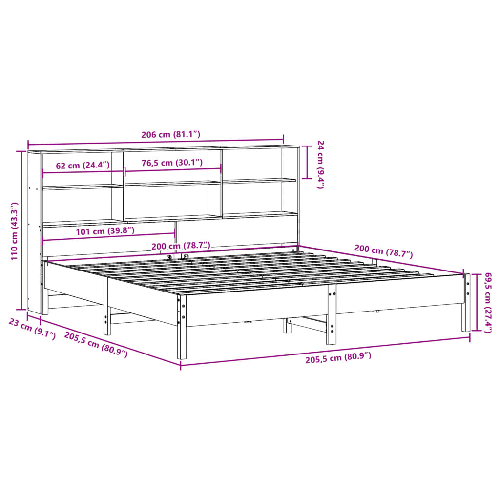 Letto Libreria senza Materasso Marrone Cera 200x200 cm in Pino | homemem39