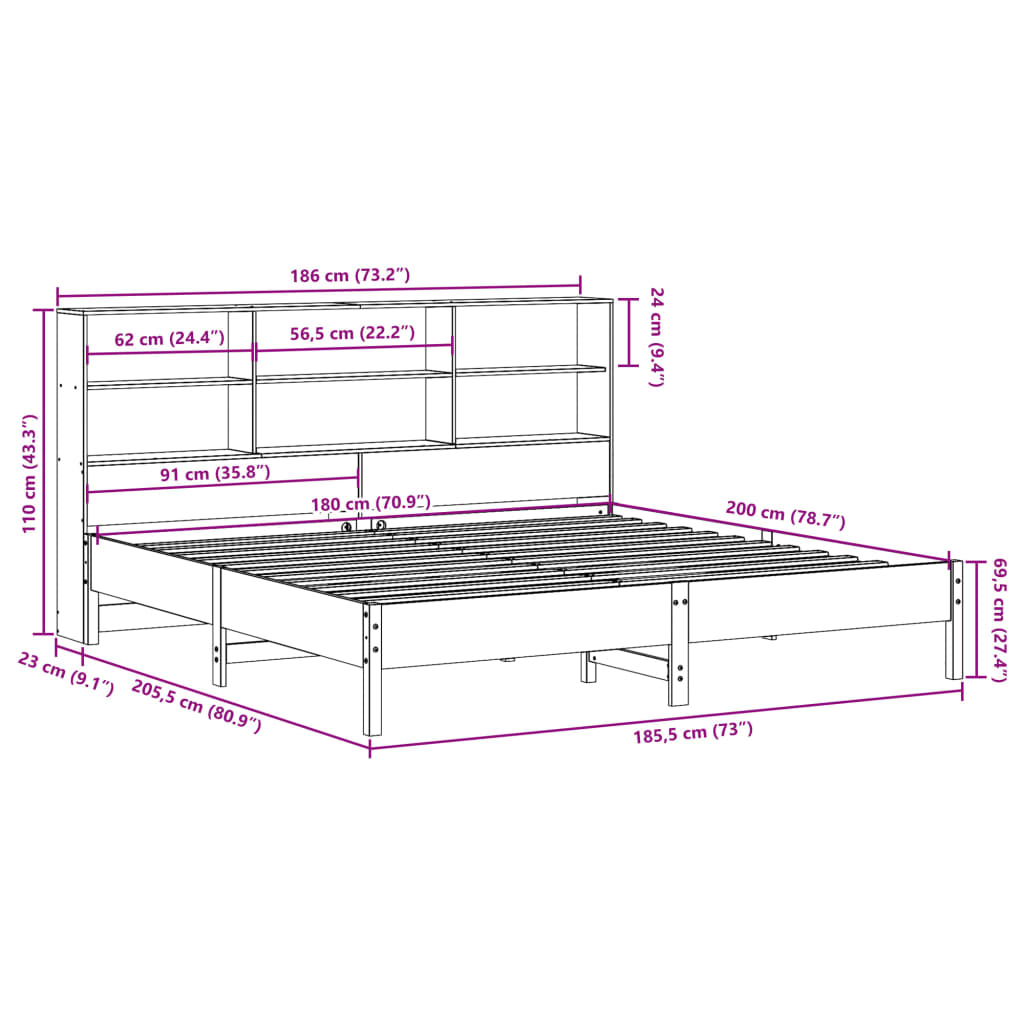 Giroletto con Libreria senza Materasso 180x200 cm in Legno Pino | homemem39
