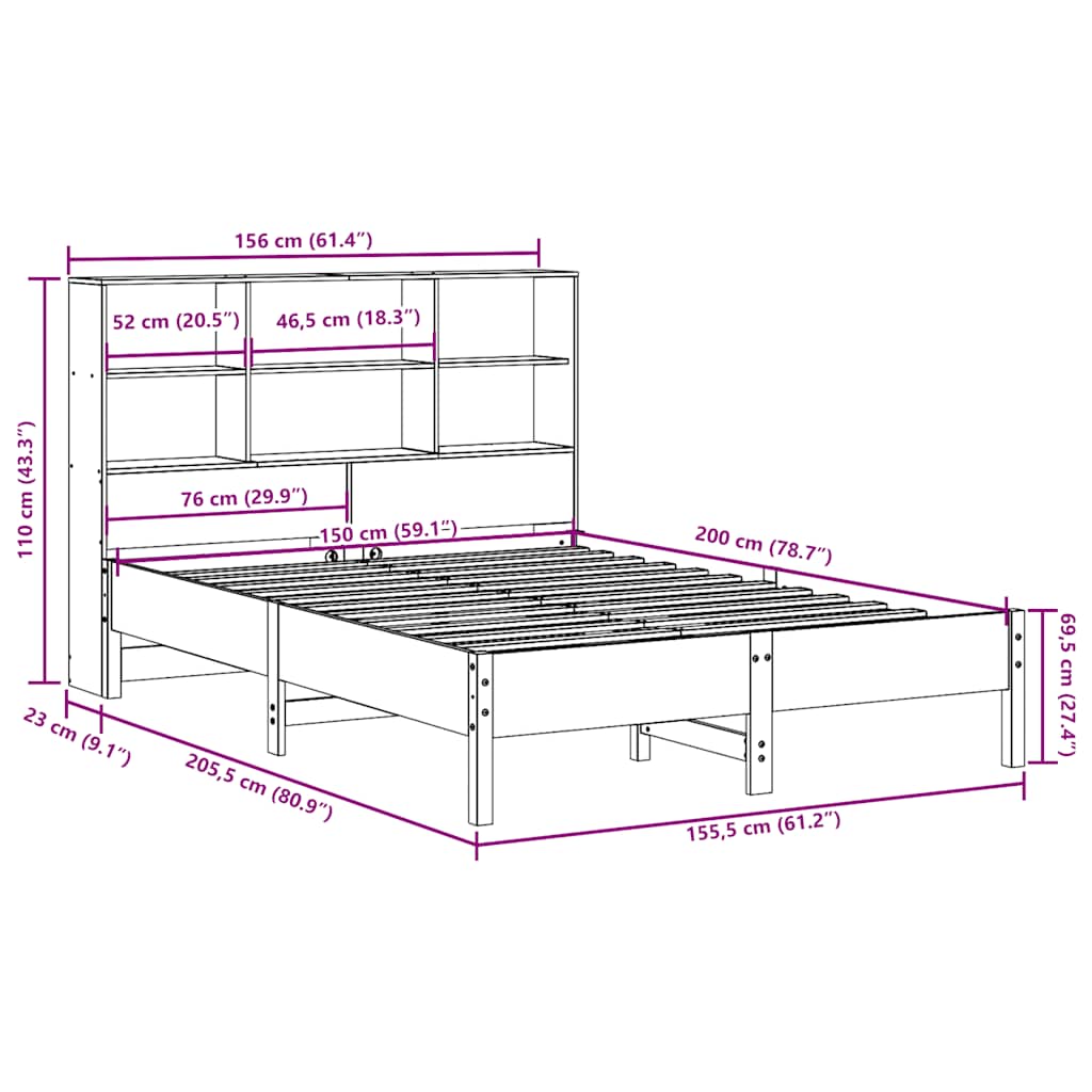 Letto Libreria senza Materasso Marrone Cera 150x200 cm in Pino | homemem39