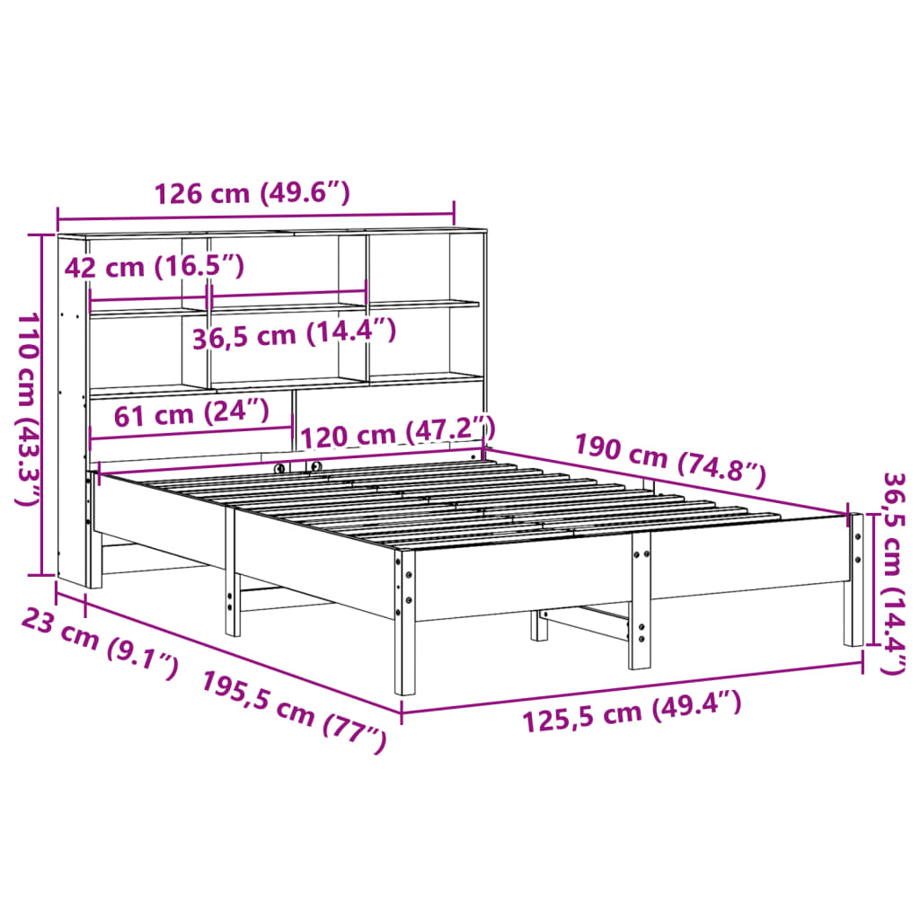 Letto Libreria senza Materasso Marrone Cera 120x190 cm in Pino | homemem39