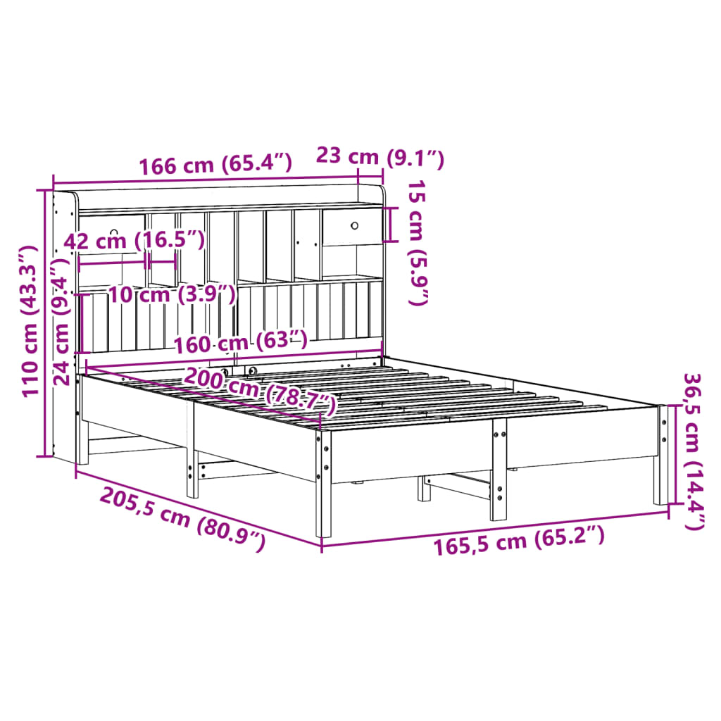 Letto Libreria senza Materasso Marrone Cera 160x200 cm in Pino | homemem39