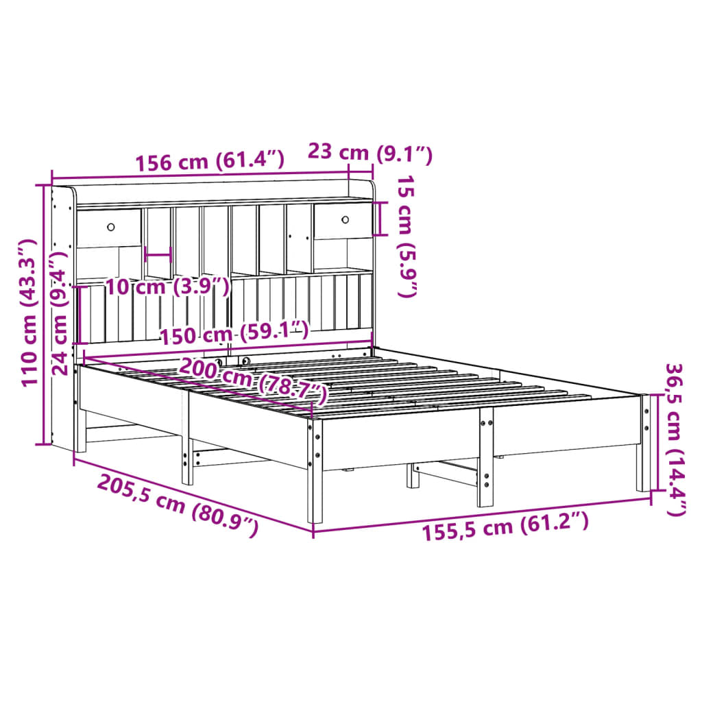 Letto Libreria senza Materasso Bianco 150x200 cm Legno di Pino | homemem39