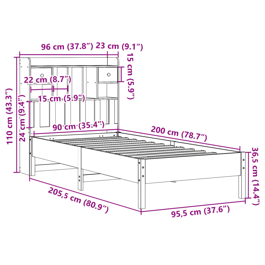 Letto Libreria senza Materasso Bianca 90x200 cm Legno di Pino | homemem39