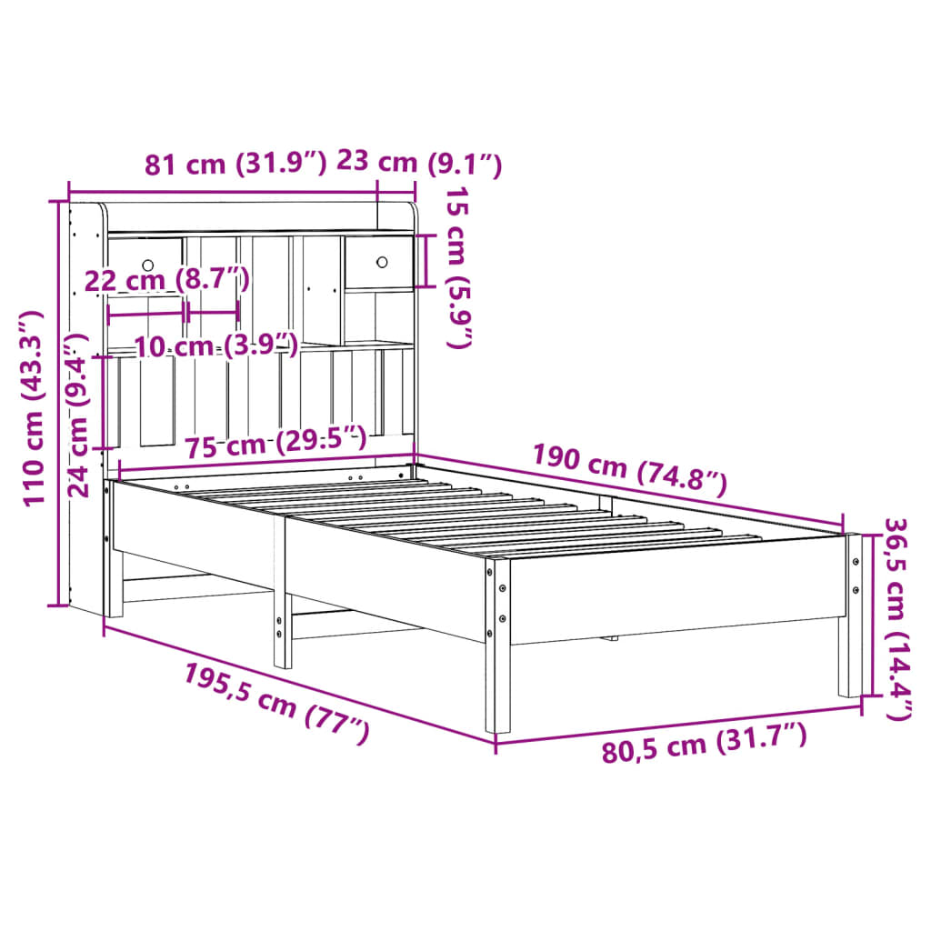 Giroletto con Libreria senza Materasso 75x190 cm in Legno Pino | homemem39