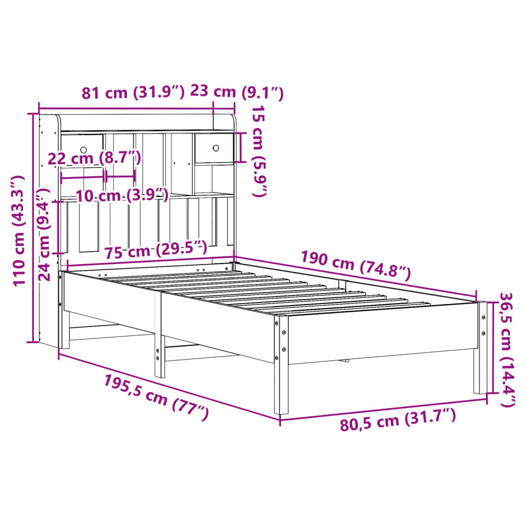 Letto con Libreria senza Materasso 75x190 cm in Legno Pino | homemem39
