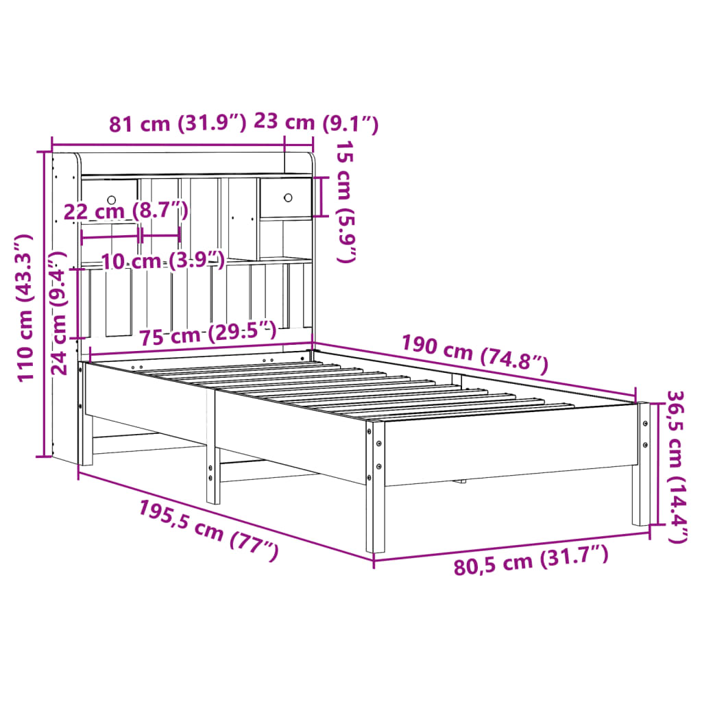Letto Libreria senza Materasso Marrone Cera 75x190 cm in Pino | homemem39