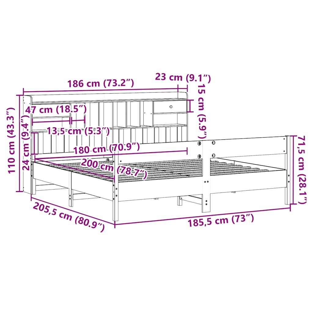 Letto Libreria senza Materasso 180x200 cm in Legno di Pino | homemem39