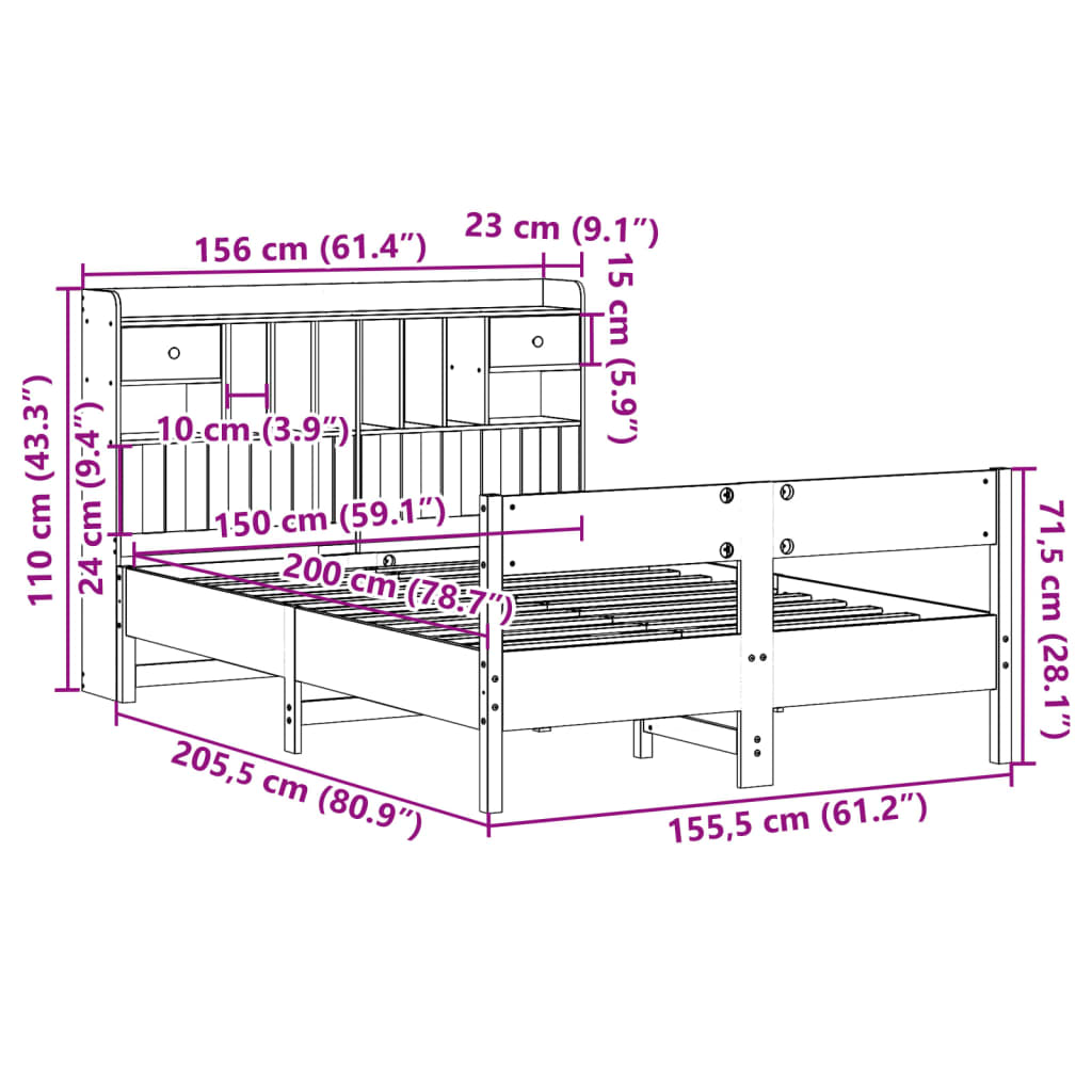 Letto Libreria senza Materasso Bianco 150x200 cm Legno di Pino | homemem39
