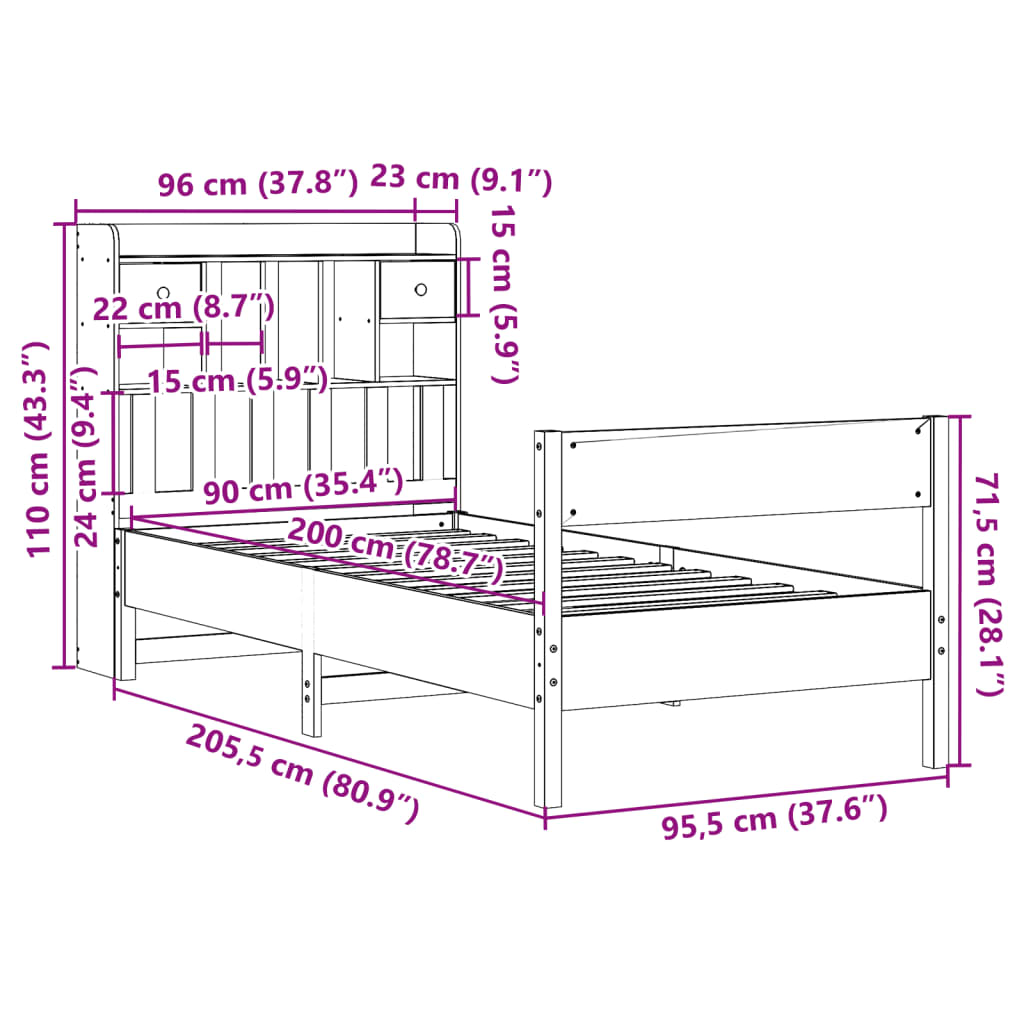 Letto Libreria senza Materasso Bianca 90x200 cm Legno di Pino | homemem39