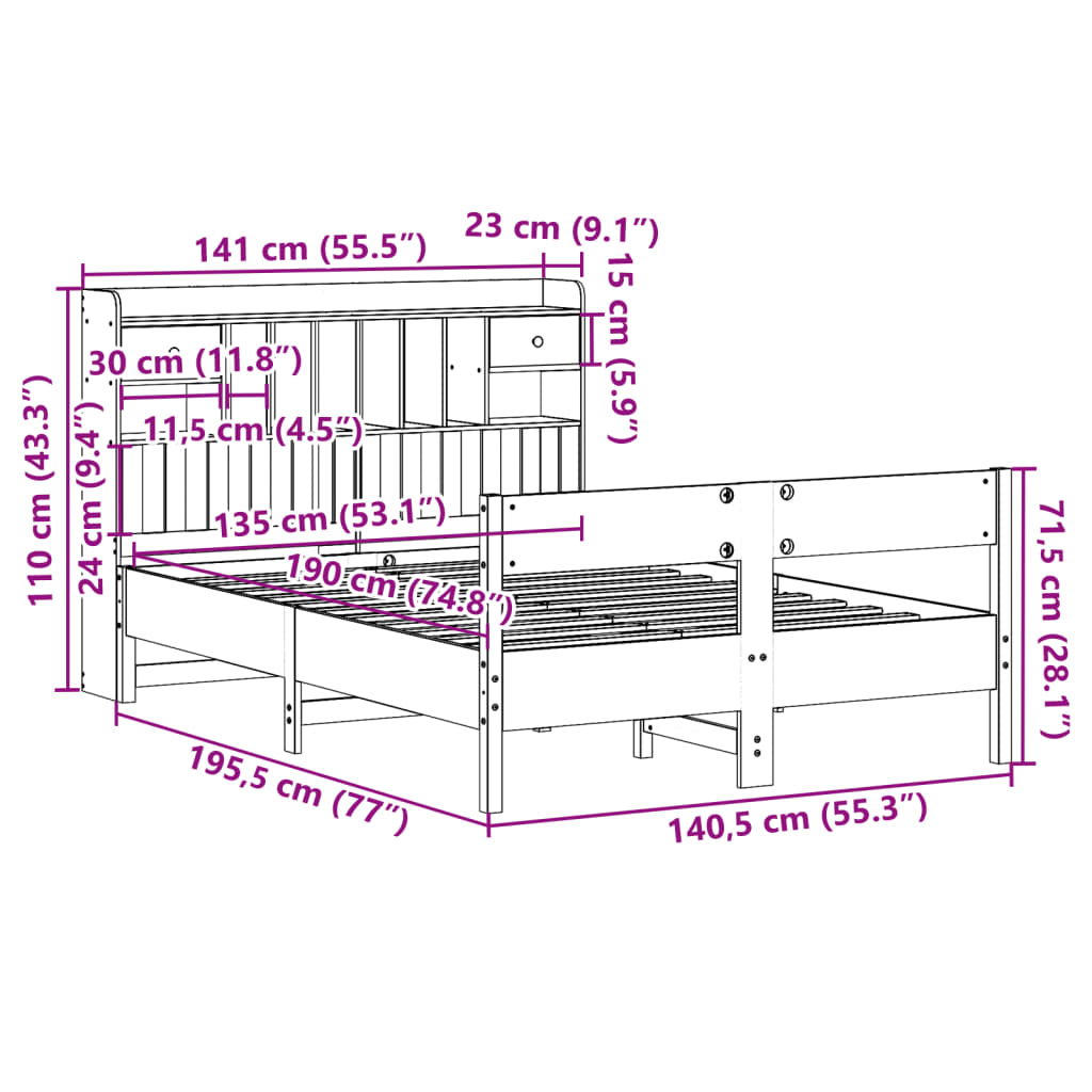 Letto Libreria senza Materasso Bianco 135x190 cm Legno di Pino | homemem39