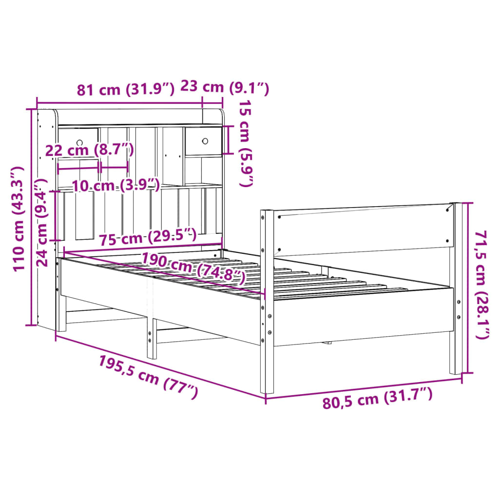 Giroletto con Libreria senza Materasso 75x190 cm in Legno Pino | homemem39
