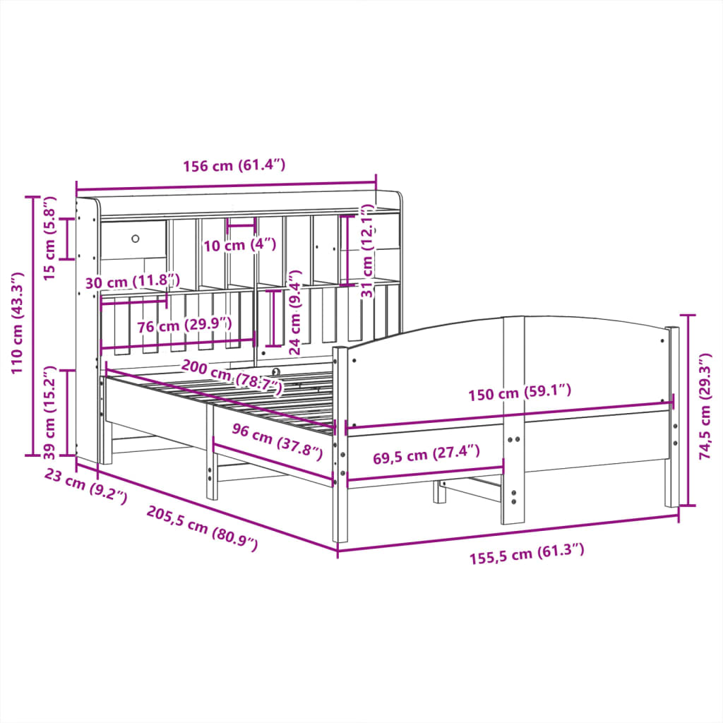 Letto Libreria senza Materasso Bianco 150x200 cm Legno di Pino | homemem39