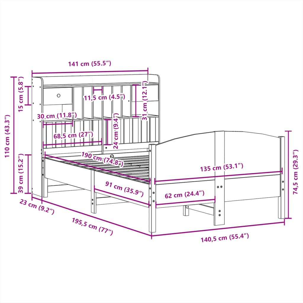 Letto Libreria senza Materasso 135x190 cm in Legno di Pino | homemem39