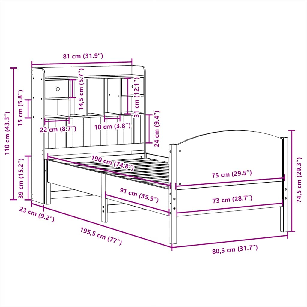 Letto Libreria senza Materasso Marrone Cera 75x190 cm in Pino | homemem39