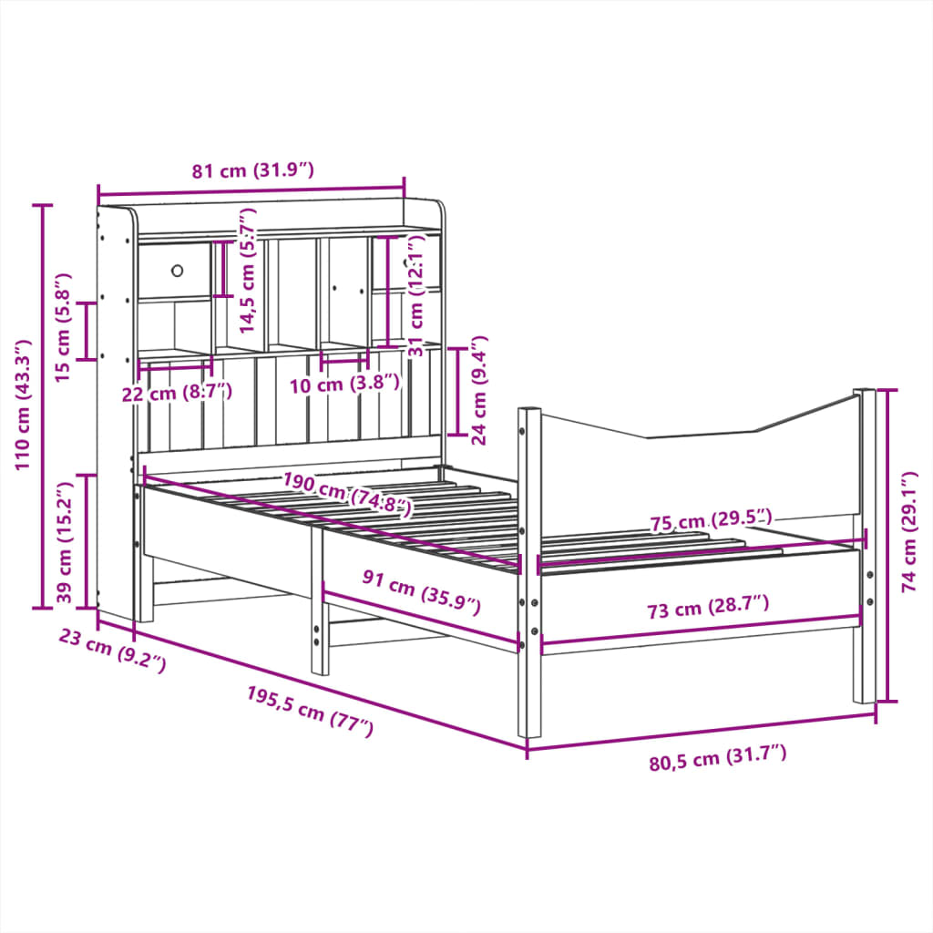 Letto senza Materasso Marrone Cera 75x190 cm in Legno di Pino | homemem39
