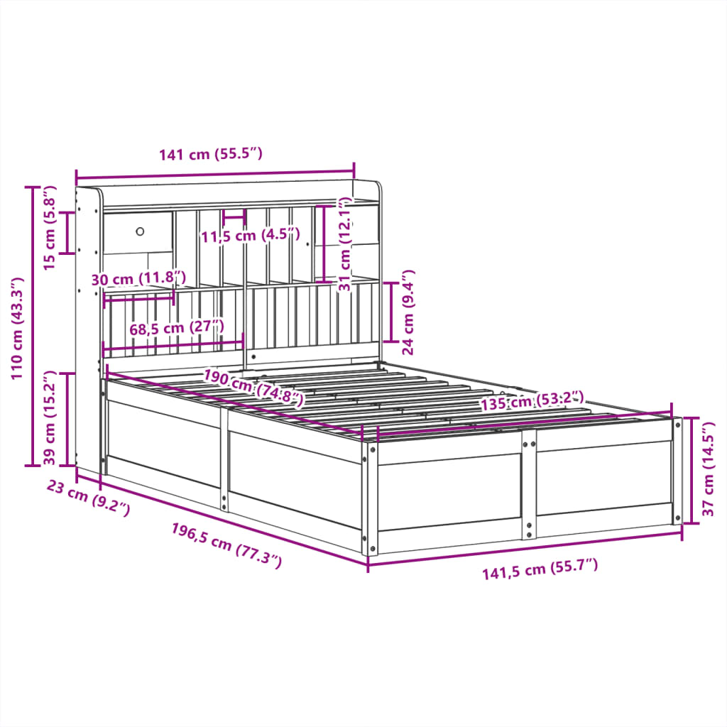 Letto senza Materasso Marrone Cera 135x190 cm in Legno di Pino | homemem39
