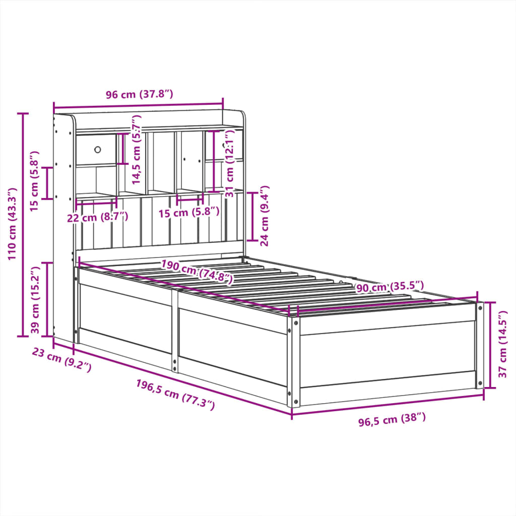 Letto senza Materasso 90x190 cm in Legno Massello di Pino | homemem39