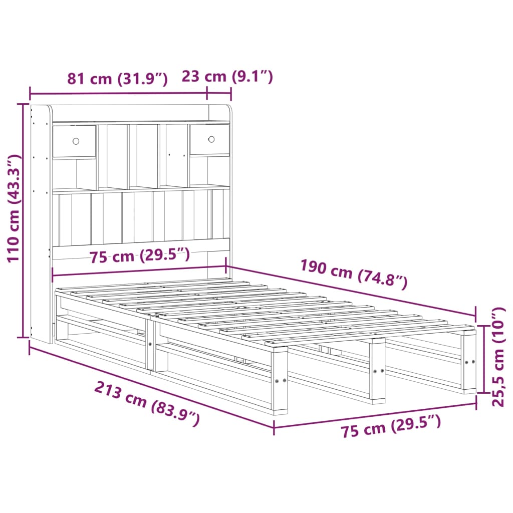 Letto Libreria senza Materasso Marrone Cera 75x190 cm in Pino | homemem39