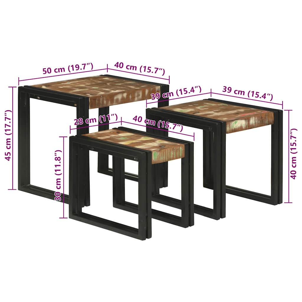 Tavolo Nesting 3 pcs Legno Riciclato Massello e Metallo
