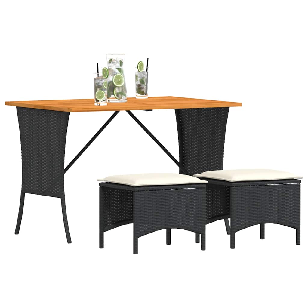 Set da Pranzo da Giardino 3 pz con Cuscini Nero in Polyrattan