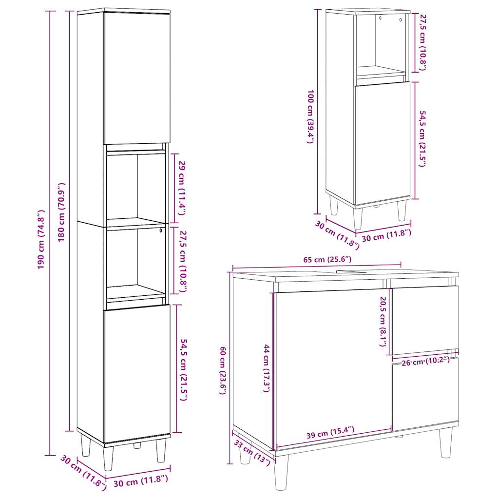 Set Mobili da Bagno 3 pz Grigio Cemento in Legno Multistrato | homemem39