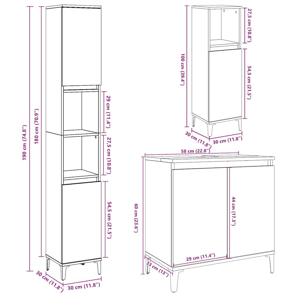 Set Mobili da Bagno 3 pz Grigio Cemento in Legno Multistrato | homemem39