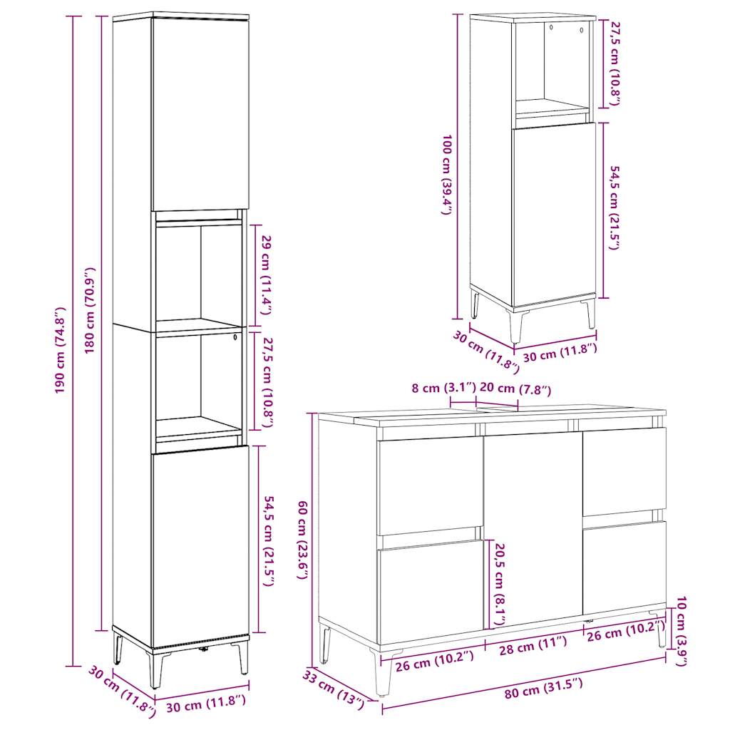 Set Mobili da Bagno 3 pz Grigio Cemento in Legno Multistrato | homemem39