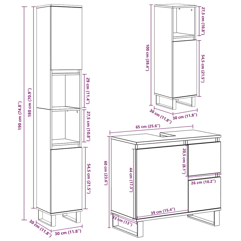 Set Mobili da Bagno 3 pz Grigio Cemento in Legno Multistrato | homemem39