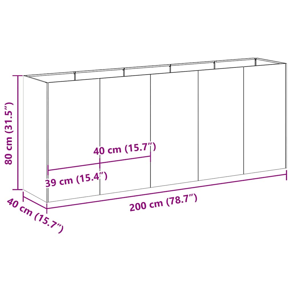Fioriera Antracite 200x40x80 cm in Acciaio Laminato a Freddo | homemem39
