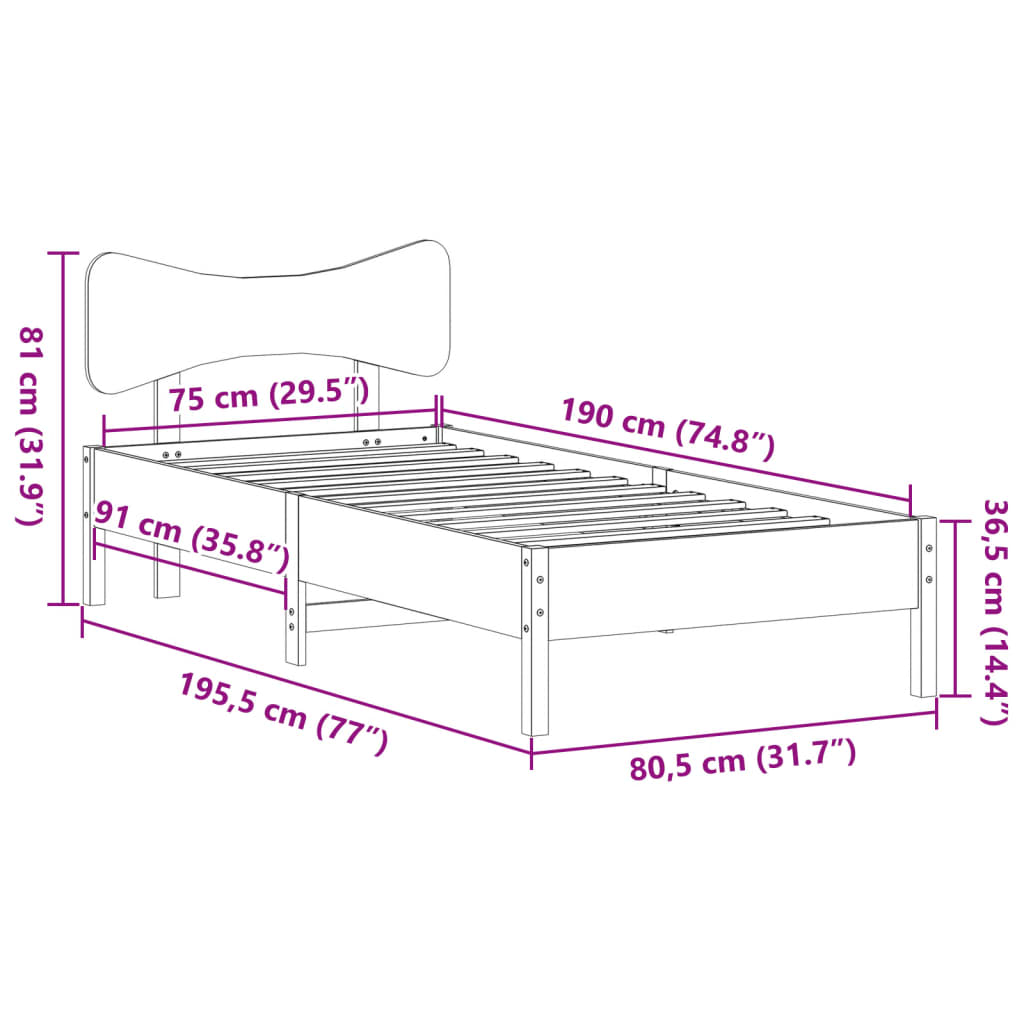 Letto senza Materasso Marrone Cera 75x190 cm in Legno di Pino | homemem39