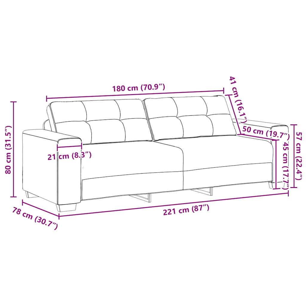Divano a 3 posti Nero 220x78x80 cm in Tessuto | homemem39
